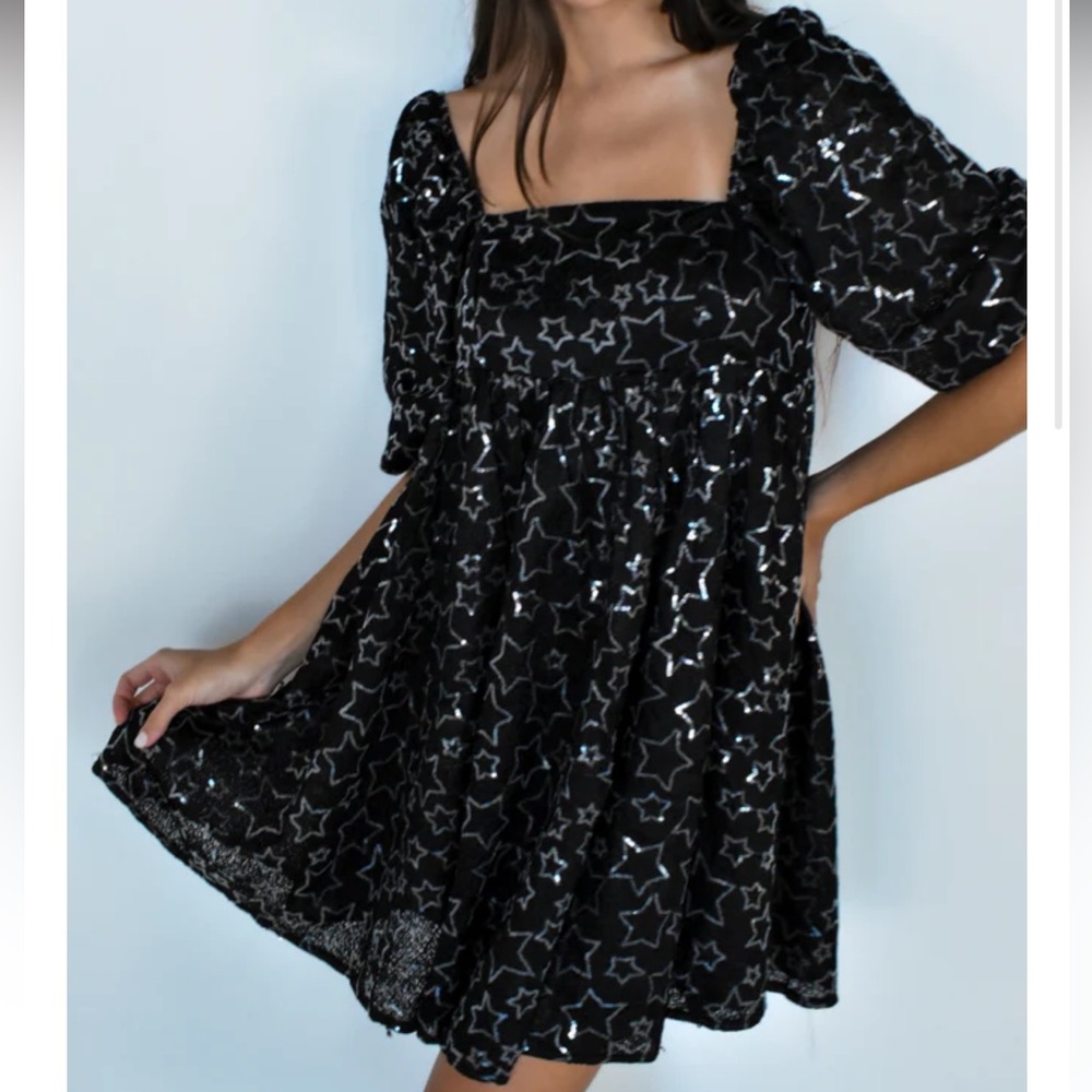 Storia Sequin Star Babydoll Dress black and silver Size small puff sleeves